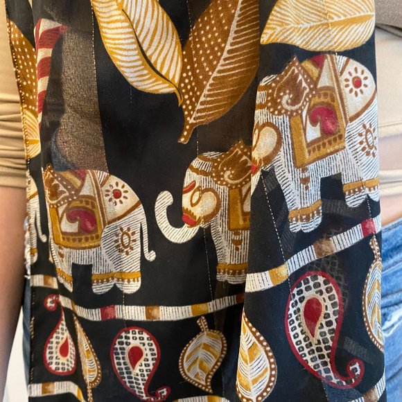 Black Red and Gold Light Soft Fabric Semi-Sheer Scarf Paisley Leaves Elephants - Picture 6 of 7